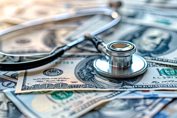 State of American healthcare represented by stethoscope and United States currency, medical decisions dictated by costs, generative ai
