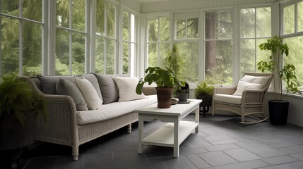 Sunroom combining off-white bead board and charcoal gray concrete floors.