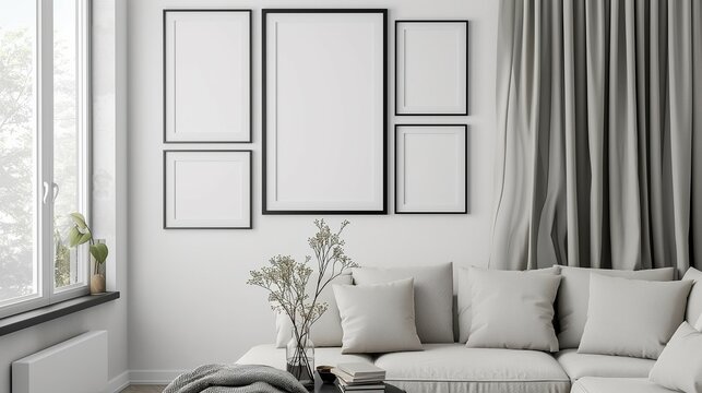 Frame mockup. Frame against white wall. Curtain by window. Home interior design