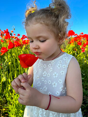 Cute girl in white dress sniffing poppy flower