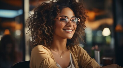 Smiling young mixed race woman wearing glasses looking out of a window while sitting at counter in a cafe sunny summer evening or morning - Powered by Adobe