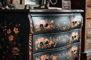 Ornate Antique dresser furniture with decorative elements. Vintage home indoor wooden wardrobe commode. Generate ai