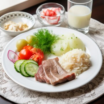  Deli meat with vegetables in a black plate on the table. Cold cuts with vegetables on a white ceramic plate. Slice meat with vegetables and sauce snack hi-res above view.