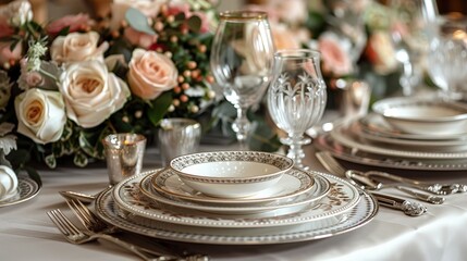 Fototapeta premium Indulge in Luxury: Fine China and Crystal Glassware Adorned Tables in Elegant Style