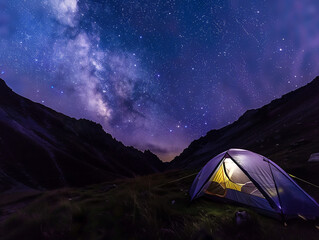 Camping in wilderness - A tent in the mountains. Scenery illuminated by the Milky Way