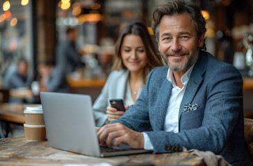 A man and woman in formal wear smiling while using a laptop at a leisure event