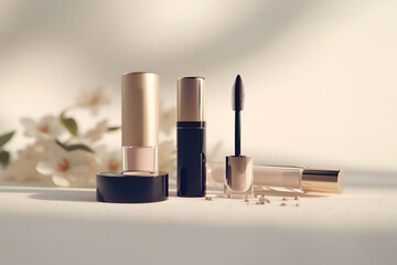 A set of luxury decorative cosmetics and makeup accessories on a light dressing table. Cosmetics mockup. Beautiful cosmetics banner