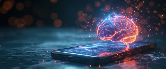 Hologram brain projection floating out from smartphone, neural network concept. Innovative future data network, technology background. - obrazy, fototapety, plakaty