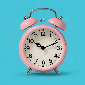 Lunch time. It's time to go to eat, lunch or dinner. A pink vintage alarm clock on the trendy classic colored background