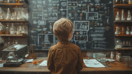 Rear view student child stands in front of a huge blackboard try to solve hard mathematics calculation, formula and equations. Thinking of project ideas planning concept.