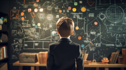 Rear view student child stands in front of a huge blackboard try to solve hard mathematics calculation, formula and equations. Thinking of project ideas planning concept. - obrazy, fototapety, plakaty