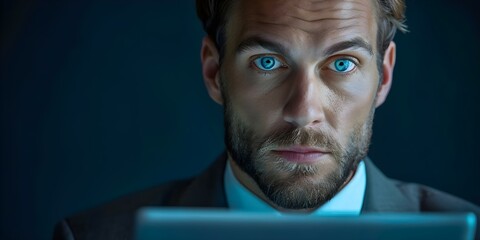 A vigilant employee examining digital data with a cautious look. Concept Cybersecurity, Technology, Data Analysis, Professionalism, Concentration - obrazy, fototapety, plakaty