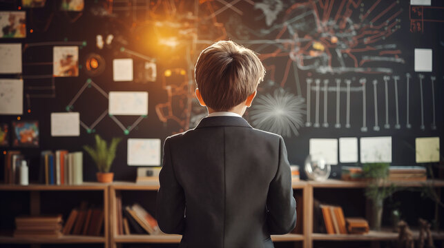 Rear view student child stands in front of a huge blackboard try to solve hard mathematics calculation, formula and equations. Thinking of project ideas planning concept.