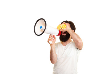 man holding megaphone isolated on transparent background - 760794301