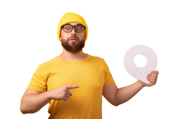 man holding location marker and pointing at him isolated on transparent background