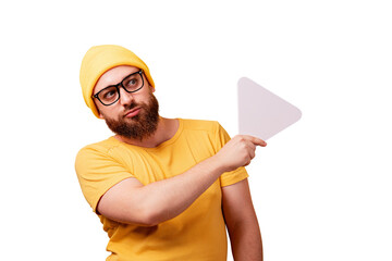 seriously man holding play button sign isolated on transparent background