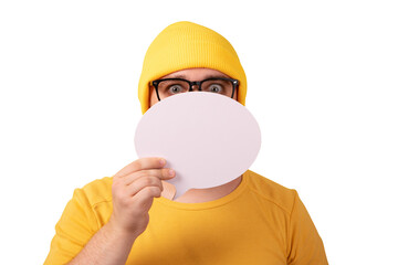 man holding speech bubble mock up  isolated on transparent background - 760794321