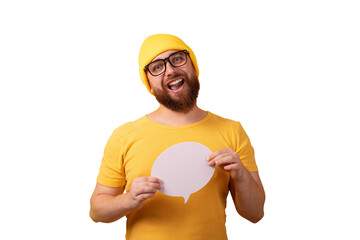 man holding speech bubble  isolated on transparent background - 760794326