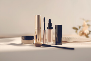 A set of luxury decorative cosmetics and makeup accessories on a light dressing table. Cosmetics mockup. Beautiful cosmetics banner