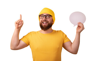 man holding speech bubble mock up  isolated on transparent background