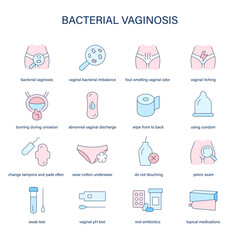 Bacterial Vaginosis symptoms, diagnostic and treatment vector icons. Medical icons. - 760794351