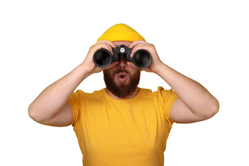 surprised man looking into binoculars isolated on transparent background - 760794361