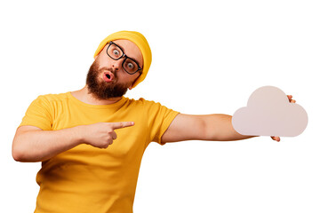 shocked bearded man point at storage cloud isolated on transparent background - 760794362