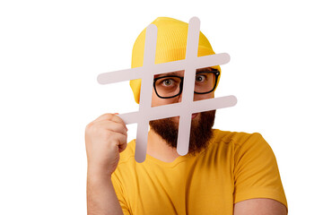 bearded man looking into hashtag isolated on transparent background - 760794364