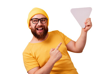 man pointing at play button sign isolated on transparent background - 760794366