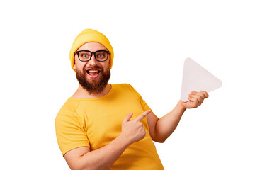 man pointing at play button sign isolated on transparent background - 760794375