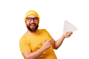 man pointing at play button sign isolated on transparent background