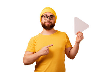man pointing at play button sign isolated on transparent background - 760794381