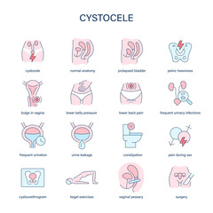 Cystocele symptoms, diagnostic and treatment vector icons. Medical icons. - 760794386