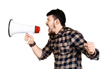 man screaming into megaphone isolated on transparent background - 760794389