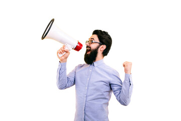 man shouting into megaphone isolated on transparent background - 760794390