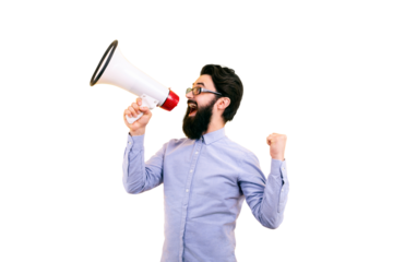 man shouting into megaphone isolated on transparent background
