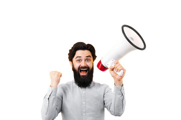 bearded man shouting into megaphone isolated on transparent background - 760794391