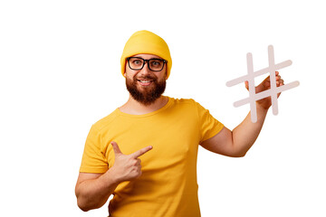 man pointing on hashtag isolated on transparent background