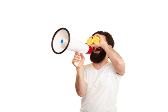 man holding megaphone isolated on transparent background