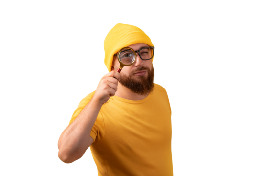 man looking into magnifying glass isolated on transparent background