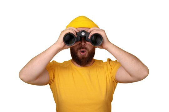surprised man looking into binoculars isolated on transparent background