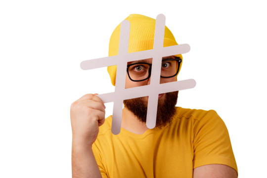 bearded man looking into hashtag isolated on transparent background
