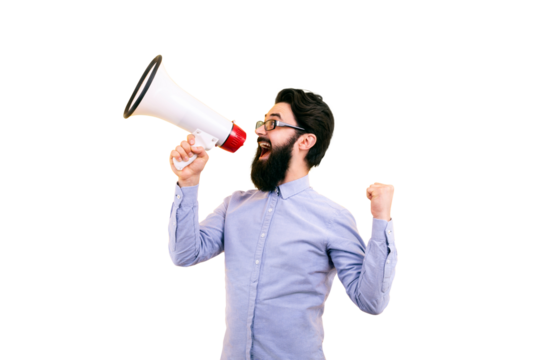 man shouting into megaphone isolated on transparent background