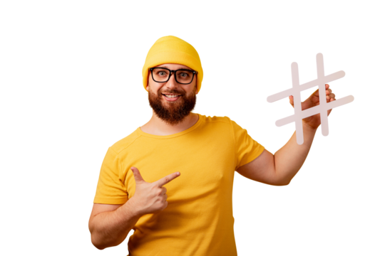 man pointing on hashtag isolated on transparent background