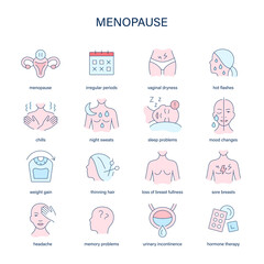 Menopause symptoms, diagnostic and treatment vector icons. Medical icons. - 760794546