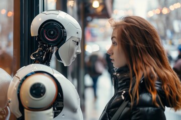 Female looking at a futuristic robot in the city