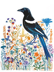 A common black bird sitting on top of a field of colorful flowers in bloom, blending into its surroundings