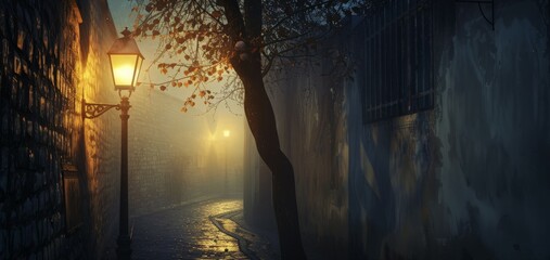 A foggy street featuring a lamp post and a tree shrouded in mist - obrazy, fototapety, plakaty