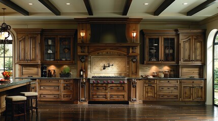 Elegance Redefined: Warm Wood and Ornate Cabinetry in Traditional Kitchen Spaces - obrazy, fototapety, plakaty