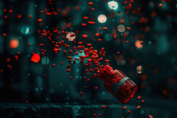 Spilled red capsules from a glass bottle with bokeh lights in the background. Close-up healthcare photography with a warm glow and reflective surface. Medical concept design for health articles, pharm - obrazy, fototapety, plakaty